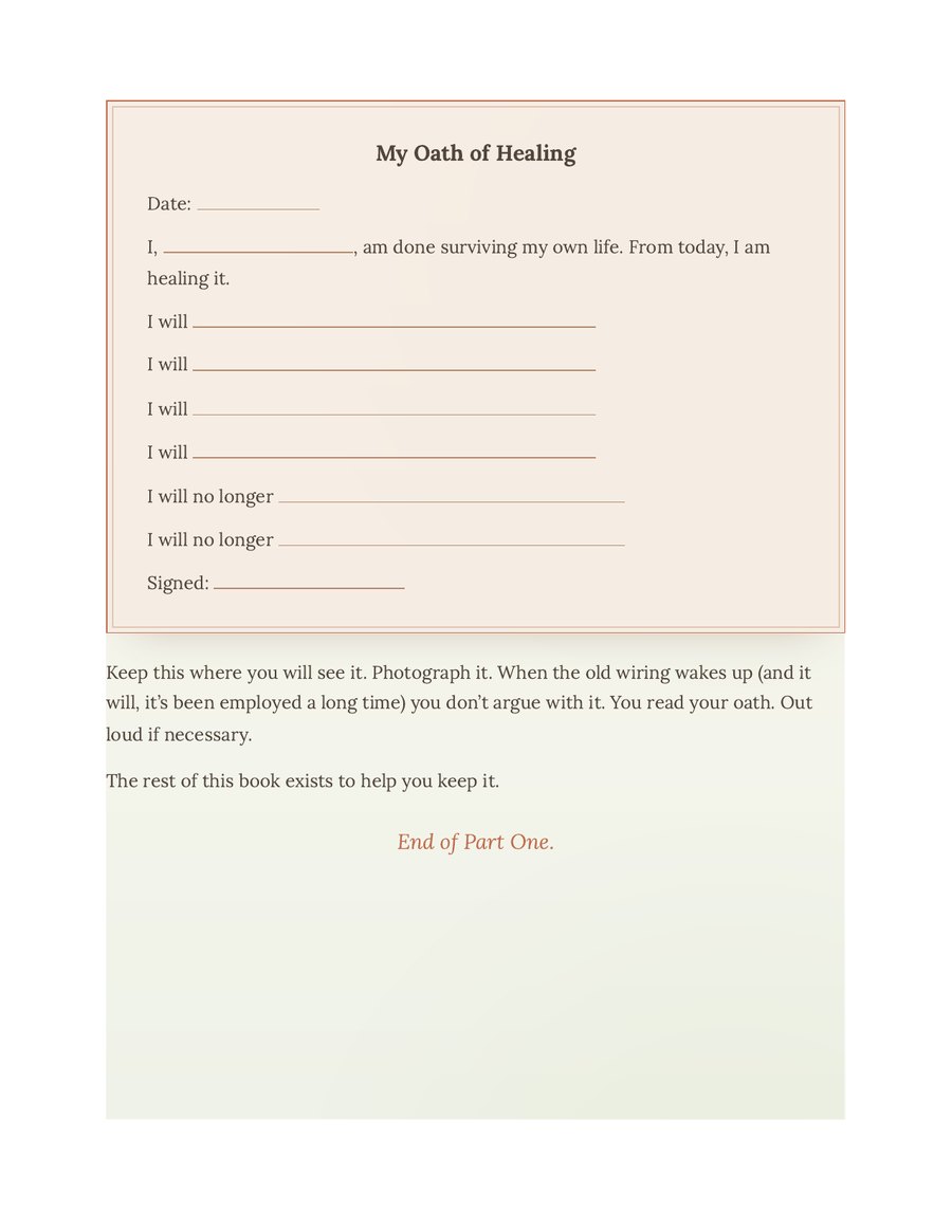 The Oath of Healing page from The Over-Giver’s Repair Kit, with lines to write on