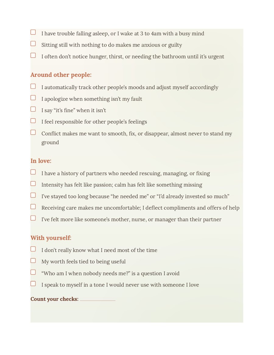 A page of the twenty-sign check-list from The Over-Giver’s Repair Kit